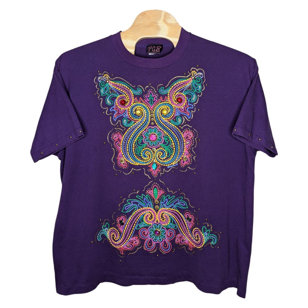 Vintage P.G.B. Gepetto Womens Shirt 3X Purple Paint Puff Plastic Gemstones Tacky